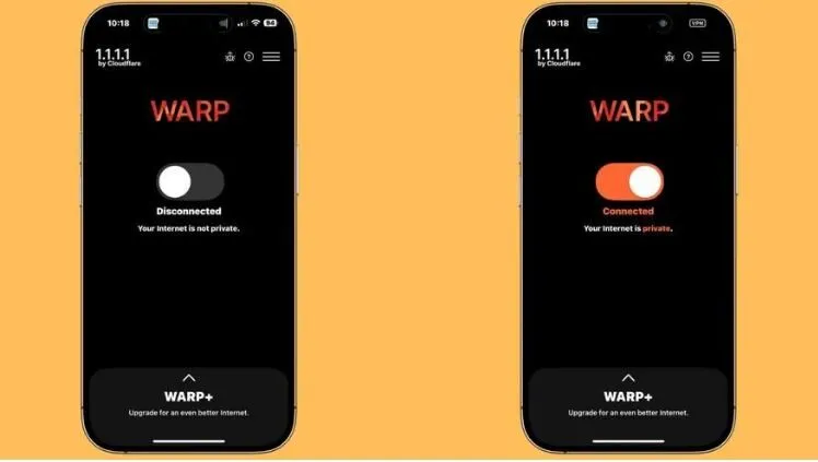  Giao diện ứng dụng 1.1.1.1 trên điện thoại với nút bật/tắt kết nối nhanh chóng.